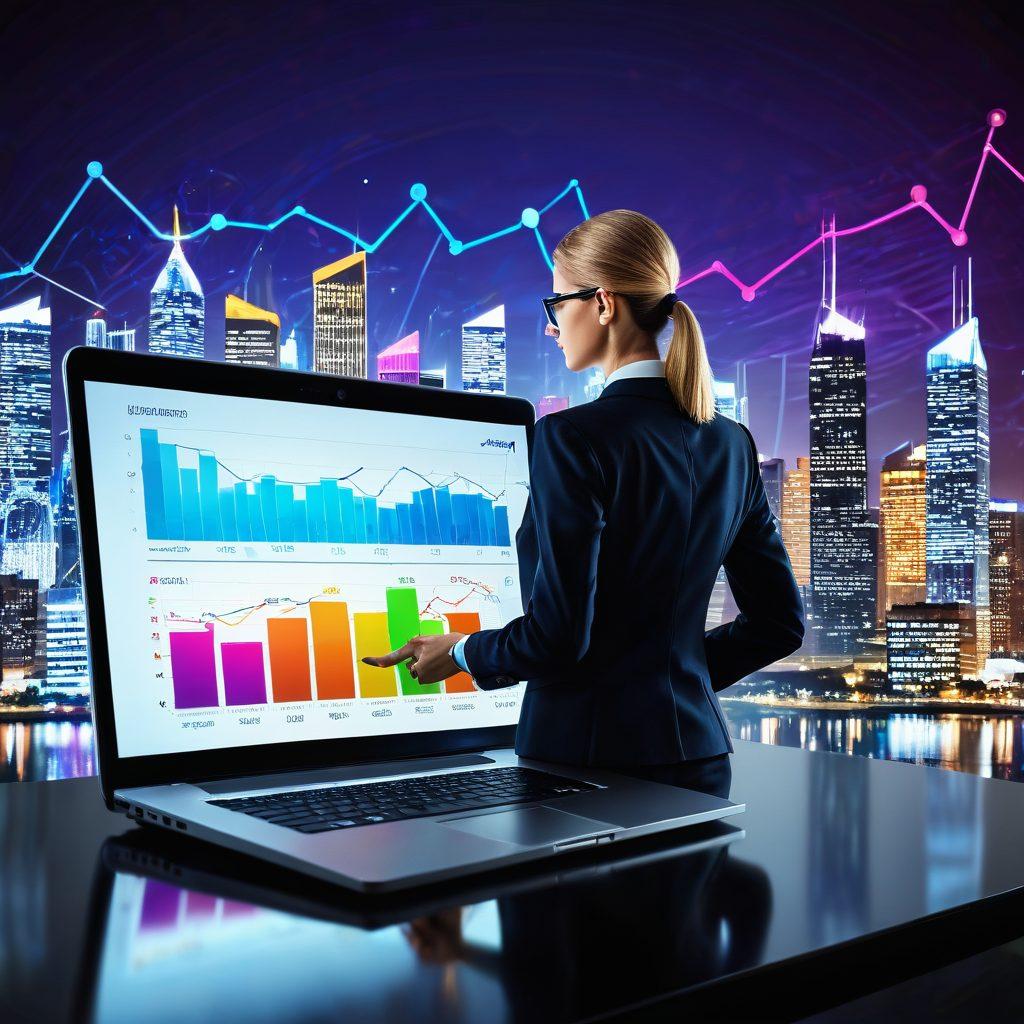A thriving e-commerce website on a laptop screen with rising bar graphs and SEO symbols wrapped around it, while a confident businessperson in a suit oversees the growth. Futuristic cityscape in the background. 3D. vibrant colors.
