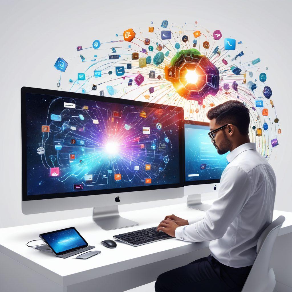 A futuristic, vibrant design showcasing a developer at work with code flowing out of the computer into a galaxy of interconnected websites. The central figure holds a glowing key, symbolizing unlocking potential. Elements of sleek modern websites, responsive design icons, and digital tools scattered around. super-realistic. vibrant colors. white background.