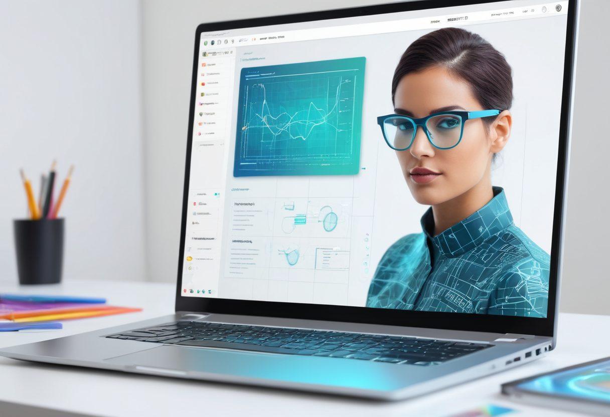 A futuristic laptop screen displaying a beautifully designed website with vibrant, intuitive UI. Around the laptop, a skilled web developer wearing high-tech glasses is illustrating dynamic sketches and wireframes. The background should showcase interconnected digital nodes and sleek holographic charts, symbolizing cutting-edge technology and personalized solutions. super-realistic. vibrant colors. white background with tech elements.